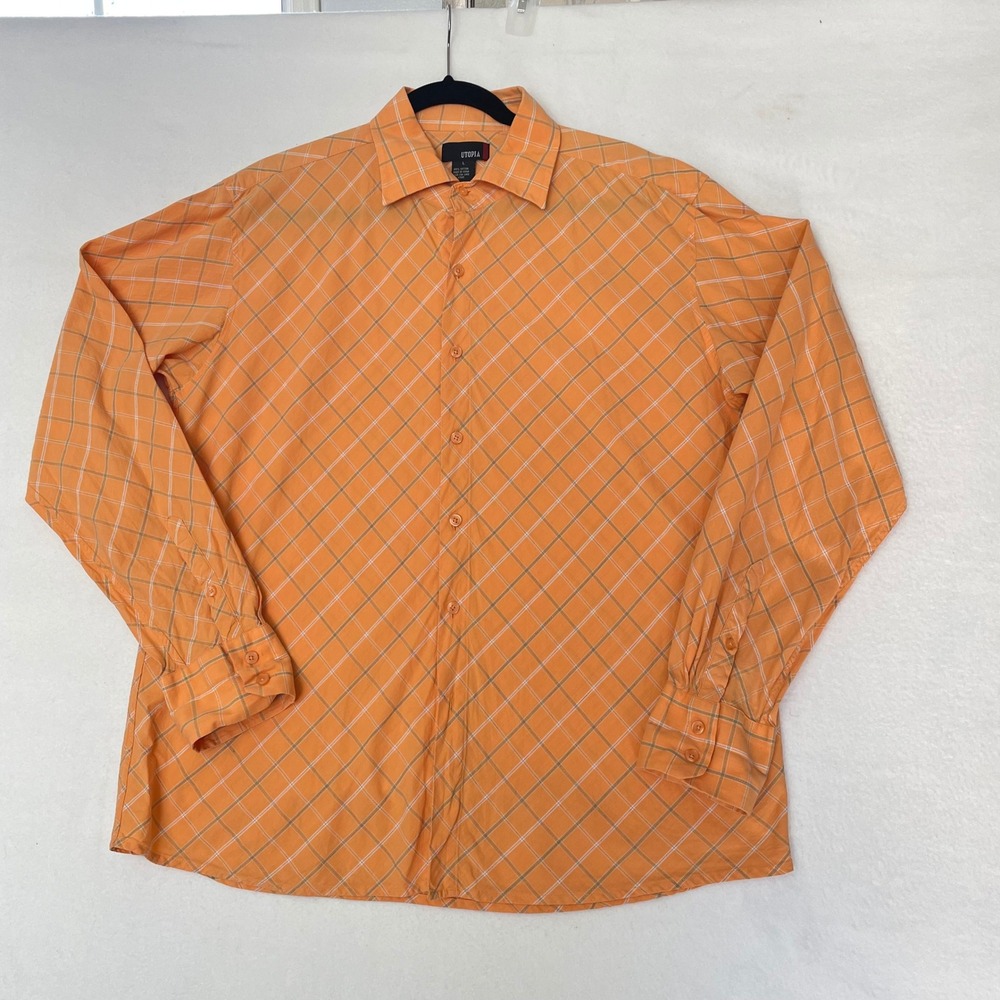 Utopia Plaid Button Up Long Sleeve‎ Cotton Casual Shirt Orange Mens Large